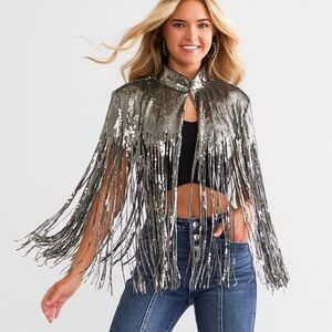 Blue B Silver Sequin Fringe Cape Jacket. NWT Gun metal grey. 70’s Coachella vibe